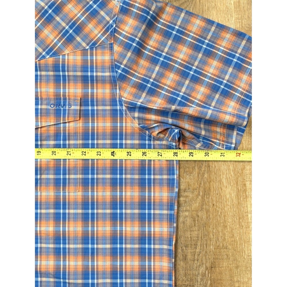 Orvis Mens XXL Active Fit Short Sleeve Plaid Western Snap Shirt Blue Orange - Picture 8 of 8